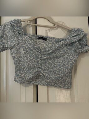 Ruched Light Blue Floral Off-Shoulder Crop Blouse
